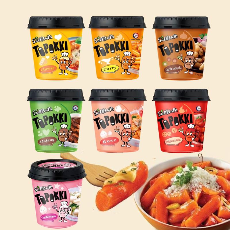 Samsam&Samyang Korean Style Instant Tteokbokki, Topokki Meal Set - Carbonara & Cheese Flavor Ramen, Spicy Hot Chicken Buldak Noodles, Fire Noodles Buldak Bokkeum, and Rice Cake Topokki Food 1