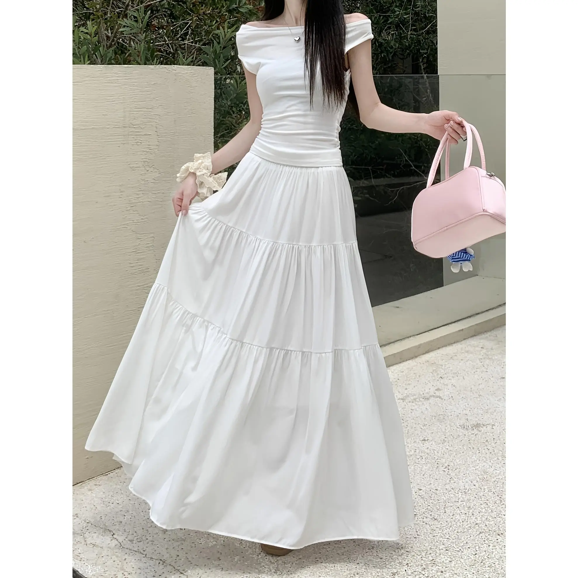 Women'S Elegant Tiered A-Line Long Skirt, Solid Color Polyester 100% with Lining, Elastic High-Waist, Flared Hem, Loose Fit, Woven, Spring/Summer/Fall Fashion Womenswear Bottom