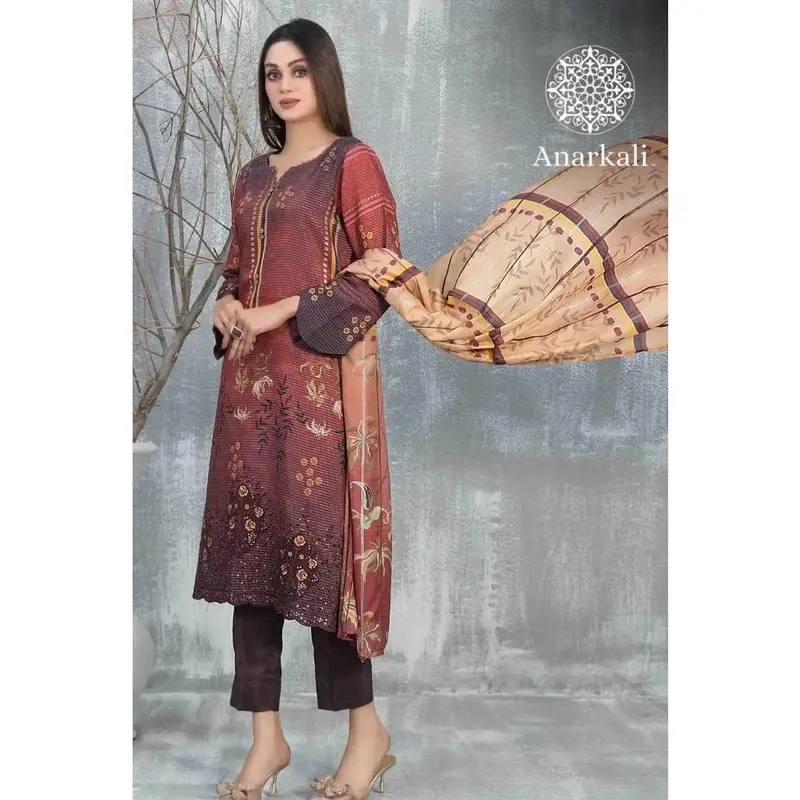 Inisha Embroidered Laserkari 3Piece Unstitched Suit (Brown 1