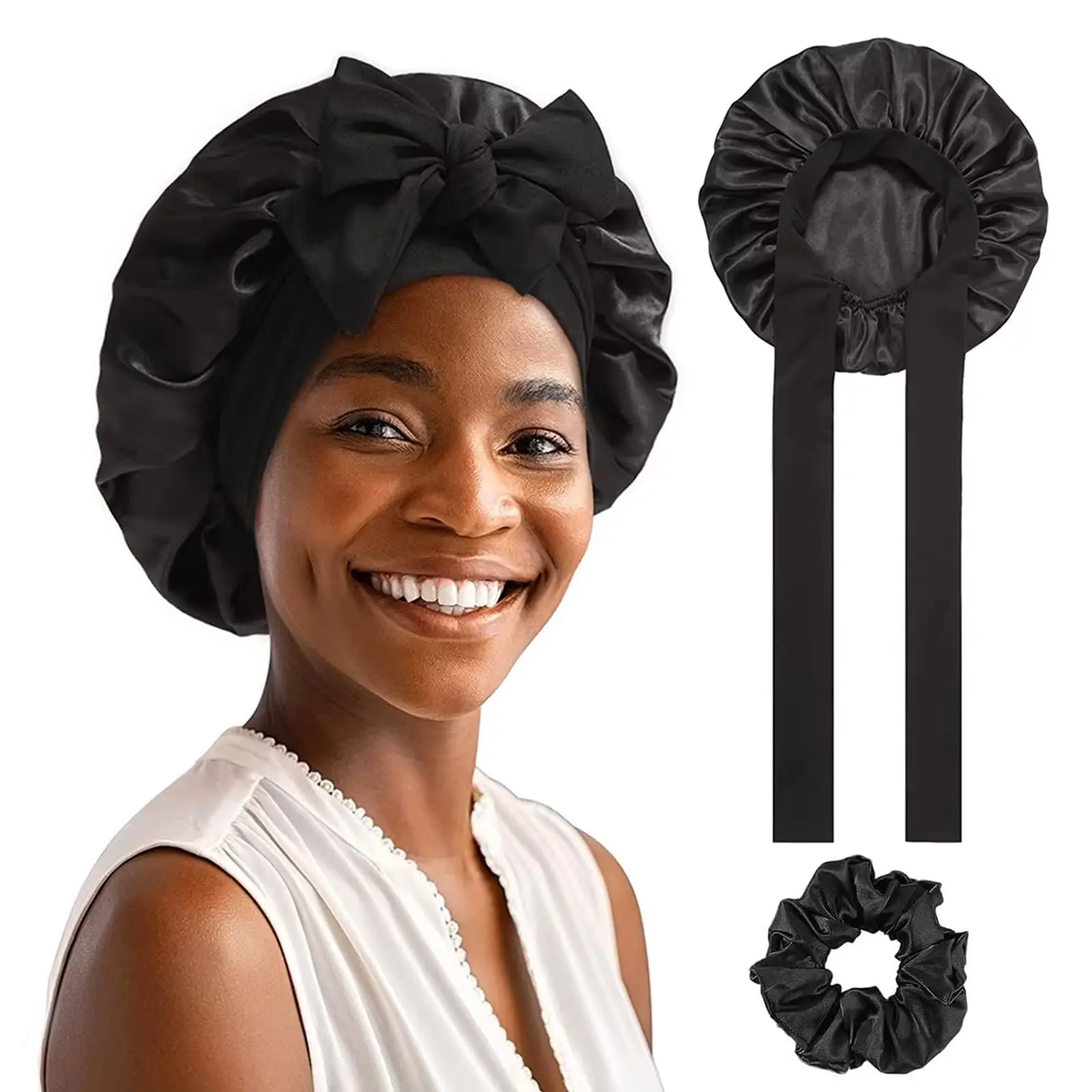 Silk Bonnet, Satin Bonnet for Sleeping, 1 PCS Adjustable Silk Hair Bonnet for Women and Hair Band, Hair Silk Bonnet for Sleeping, Hair Bonnet with Tie Band for Curly Hair Braid Women Black