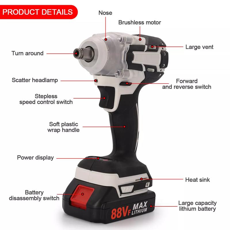 1000Nm 1/2" Cordless Electric Impact Wrench Drill Gun Ratchet Driver w/ Battery 7