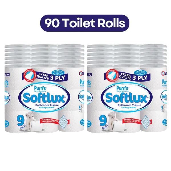 SOFTLUX 90 Toilet Rolls, 3 Ply Soft Quality Bathroom Luxury Toilet Papers, 9*10 Non Scented Tissue Pack Disposable