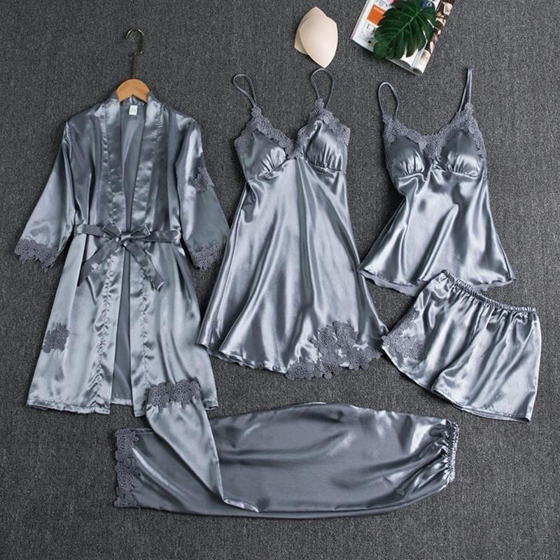 2025 new model 5PC Silk Robe Sleep Suit Womens Lace Satin Pajamas Gown Set V-Neck Cami Nighties Wear Pijama Home Nightwear Spring Nightdress 7