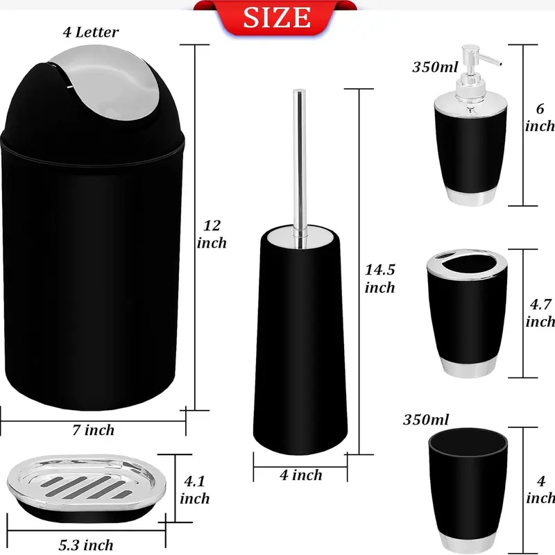 6PCS Bathroom Accessory Set - Waste Bin, Soap Dish, Soap Dispenser, Toilet Brush & Holder, Tooth Brush Holder, Rinse Cup - 4L Capacity 5