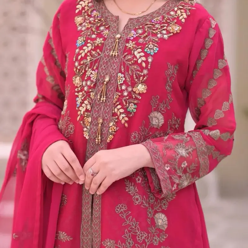 Three Piece Full Embroidered Chiffon Suit with Sharara- Luxury Part Wear Collection Dress Dupatta Comfort