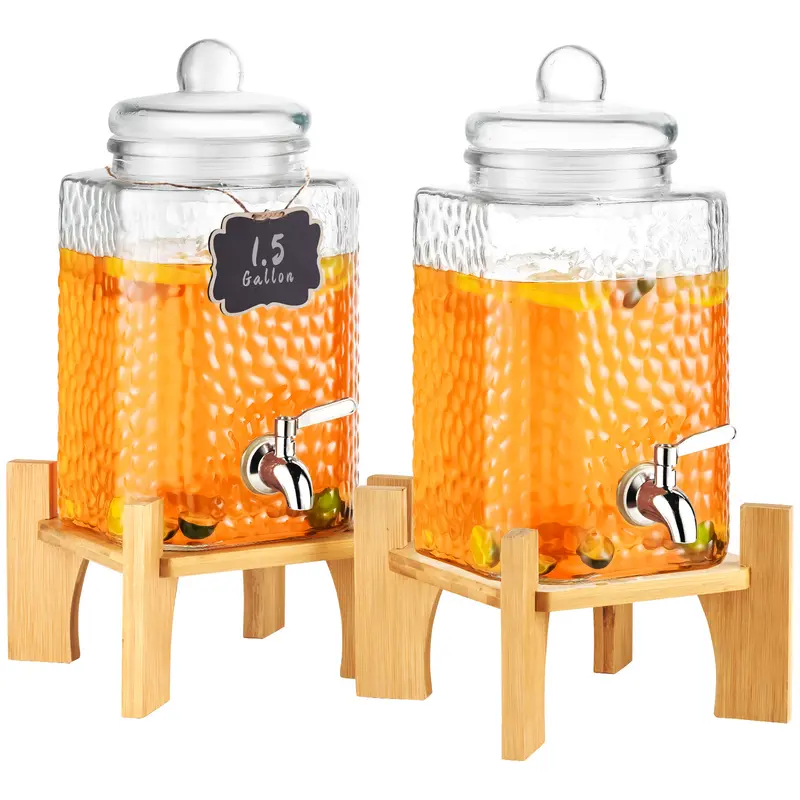VEVOR Beverage Dispenser, 1.5 Gallon Drink Dispensers for Parties,2PC,Glass Juice Dispenser with Stand, Stainless Steel Spigot, Iced Tea Lemonade Juice Water Dispenser, for Restaurants, Hotels, Partie Drinkware Jugs 8