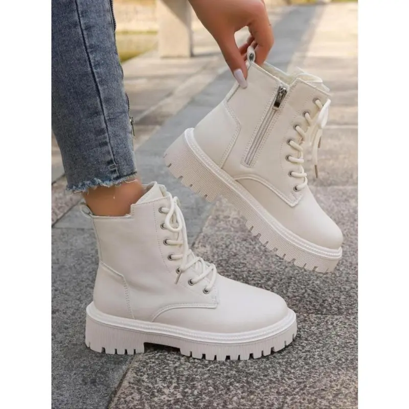 Women's Fashionable Solid Color Lace Up Platform Boots, Casual Comfortable Round Toe Boots for Daily Wear, Female All-match Trend Shoes for Fall & Winter Cute Winter Outfits