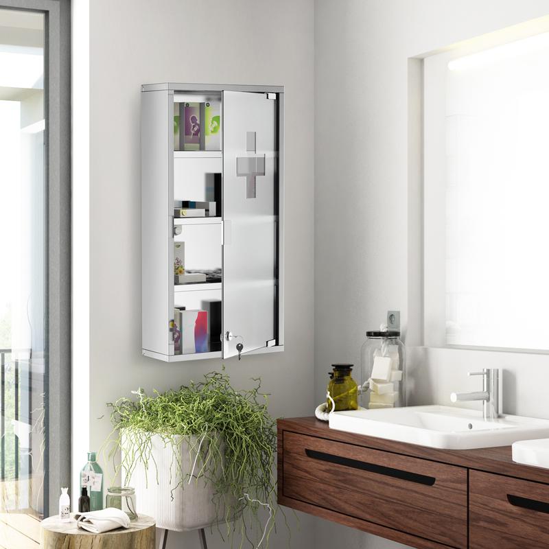 HOMCOM 4 Tier Stainless Steel Wall Mounted Medicine Cabinet Glass Lockable Door Storage Shelves Houseware Bathroom Furniture 60Hx30Wx12D(cm) w/2 Keys 8