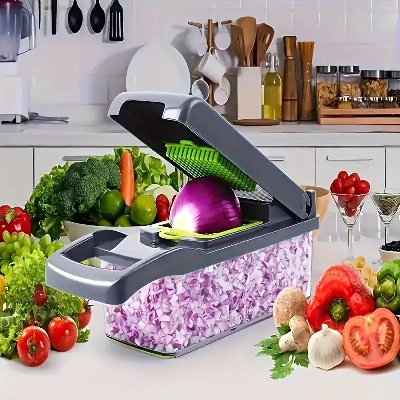 [UK Seller]Vegetable Chopper,16 in 1 Multifunctional Food Chopper With Vegetable Peeler, Kitchen Vegetable Slicer Dicer Cutter with Container, Chopper for Onion Carrot Cucumber(Grey) Basket Utensils Blade Peeling 1