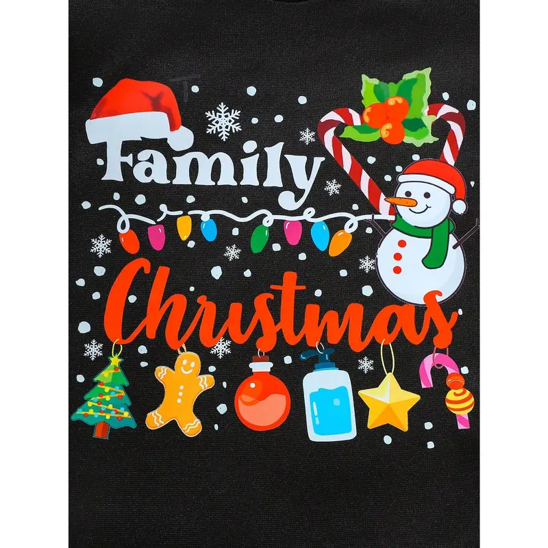 1pc Black Young Girl Thick Fleece Crew Neck Long Sleeve Sweatshirt With Snowman & Santa Hat Christmas Pattern, Suitable For Daily Wear, Parent-Child Activities And Christmas Party In Autumn & Winter 3