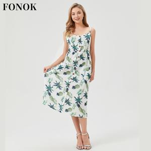 【FONOK】Floral elegant casual dresses straps simple casual dresses  print  casual dresses Women Maxi Cami-Dress Spaghetti Straps Waist Dress Casual Womenswear Lady summer dress sunshine dress bikini wrap plain holiday print holiday