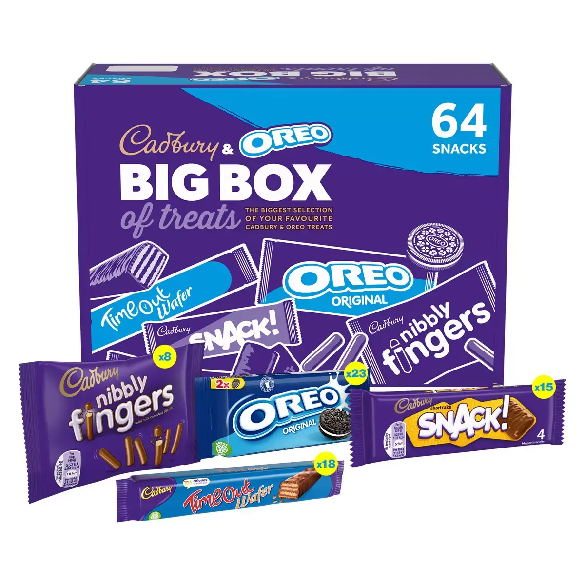 Cadbury & Oreo Big Box Of Treats, 64 Snacks, Oreo Original, Nibbly Fingers, Timeout Wafer, Cadbury Snack And More Multipack Combo