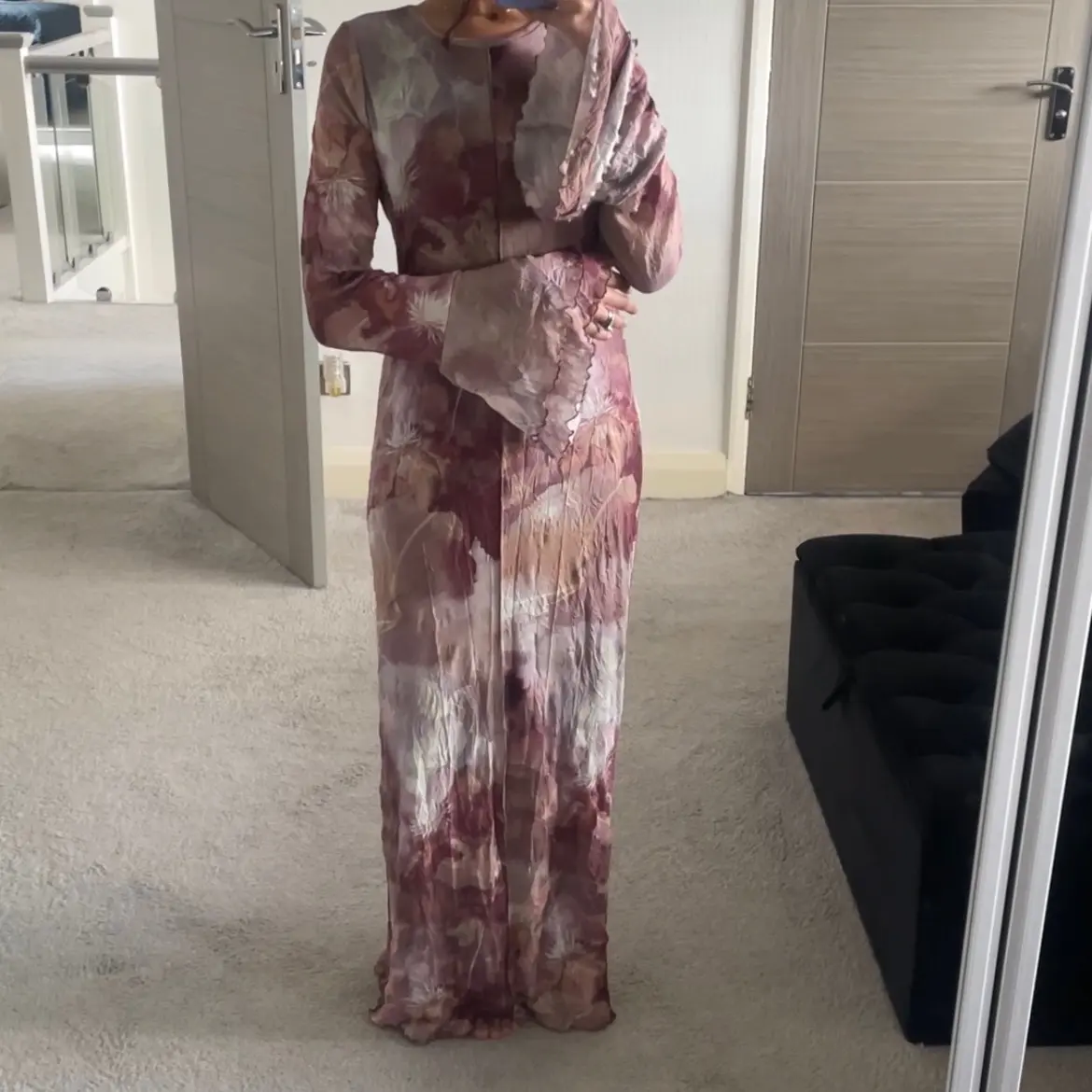 Flarred sleeve crushed mesh floral maxi dress