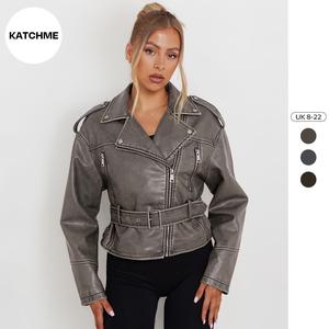 KatchMe Women's Epaulets Zipper Pocket Belt Decor PU Biker Jacket,Street Womenswear,Fitted Outerwear,Multiple Zipper PU Short Jacket for Women