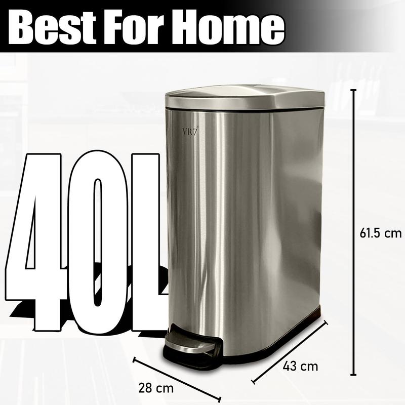 VR7 Stainless Steel Kitchen Recycling and Waste Bin with Lid & Steel Pedal 40L Bathroom Dustbin Removable Inner Basket Rubbish Bin Kitchen - Office - Bedroom - Livingroom Garbage bins for kitchen 9