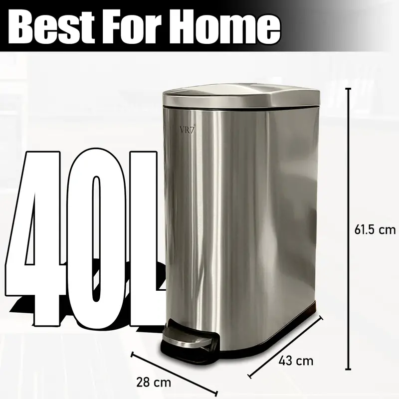 VR7 Stainless Steel Kitchen Recycling and Waste Bin with Lid & Steel Pedal 40L Bathroom Dustbin Removable Inner Basket Rubbish Bin Kitchen - Office - Bedroom - Livingroom Garbage bins for kitchen 8