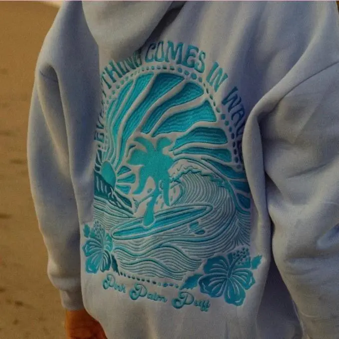Embroidery pattern 2024 Women's Drop-Shoulder Sleeve Brushed Hoody Palm Print Kangaroo Pocket Drawstring Print Hoodie