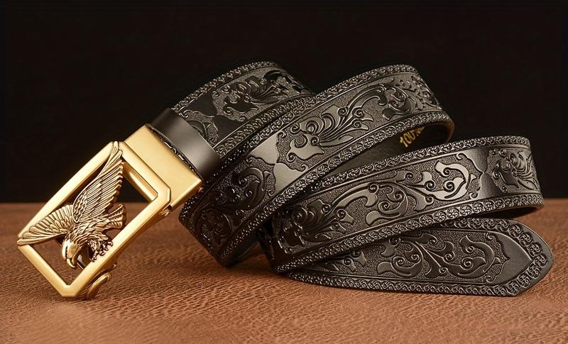 Product Introduction of 1PC Carved Cowhide Men's Autobuckle Belt, Vintage Style, Suitable for Casual & Business Wear, Great Gift for Husband and Father 7