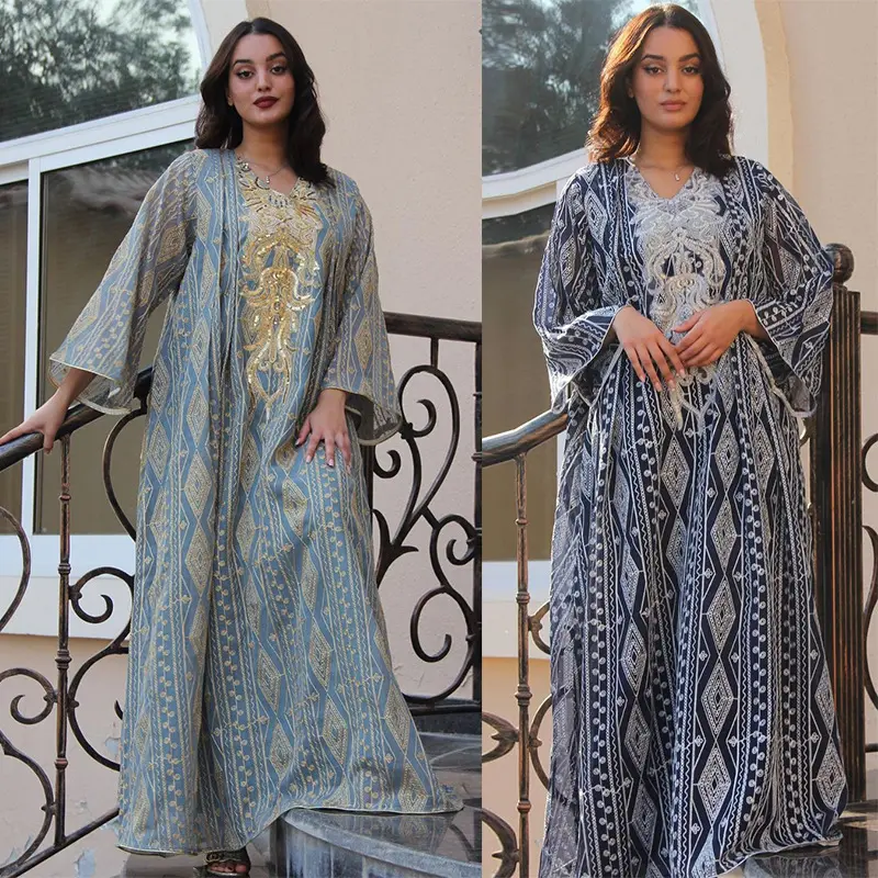 Boutique Wholesale 2025 Spring New Fashionable V-neck Casual Loose Embroidered Bead Long Sleeved Women's Dress