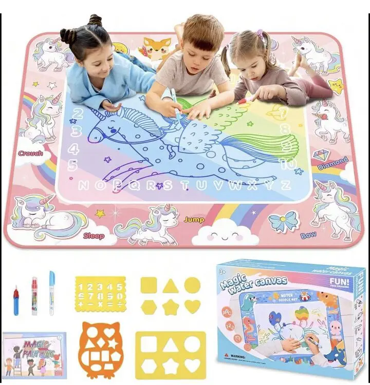 Magic Water Unicorn Drawing Mat Painting Kit, 1 Set Drawing Doodle Pad with Stamps Templates & Water Pens, DIY Art Supplies