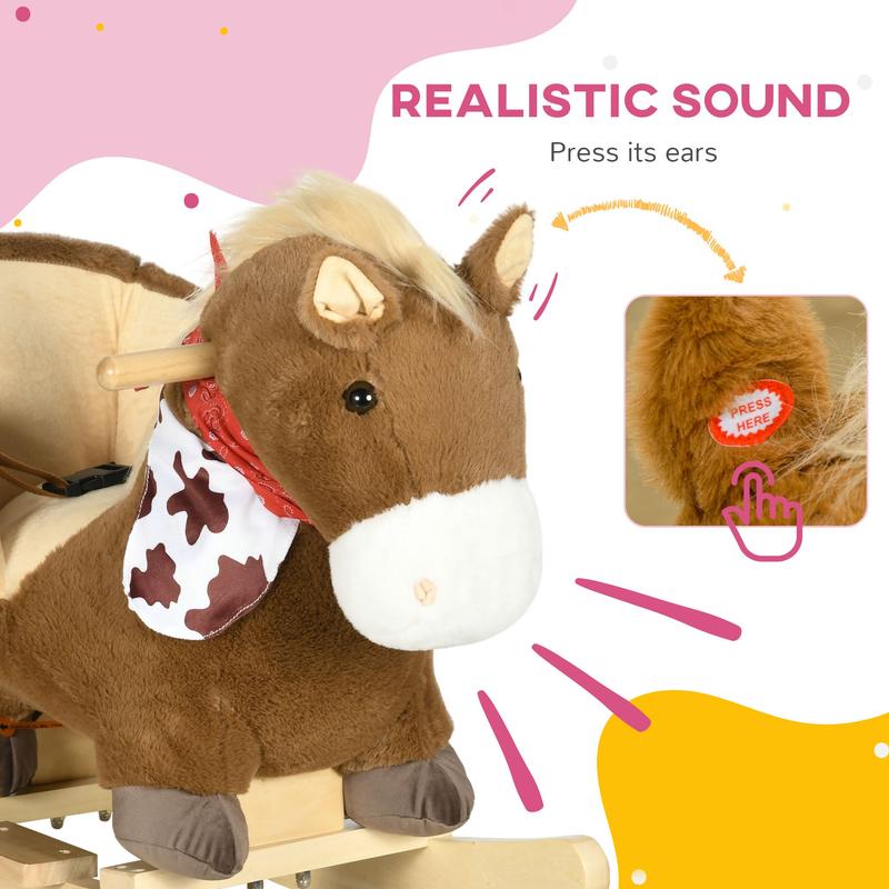 HOMCOM Kids Rocking Horse, Plush Baby Rocking Chair with Safety Harness, Sounds 3