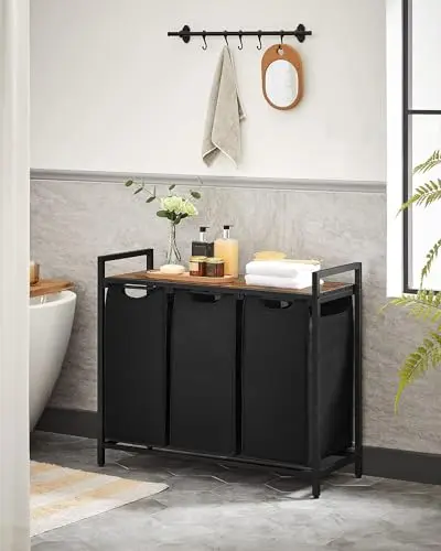 Large Industrial Wooden/Metal Laundry Hamper Basket Bin Organiser 3 x Removable Bags (30L Each) 0