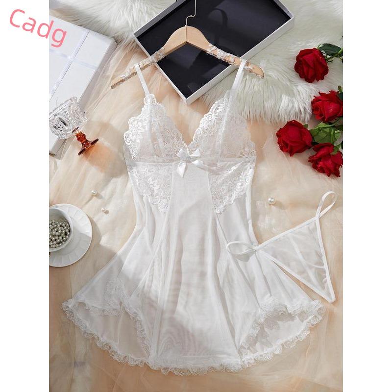 Women's Contrast Lace Bow Decor Cami Nightdress & Panty Two-Piece Set, Solid Color Deep V Neck Nightgown & Panty, Ladies Sleepwear for All Seasons Womenswear Loungewear 2