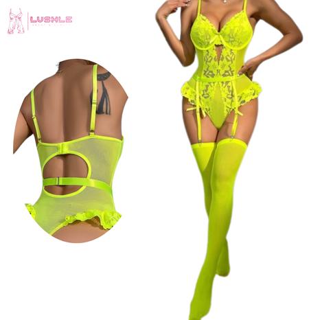 Floral Lace Bow Front Underwire Corset Teddy Bodysuit with Stockings, Lingerie Sexy Thong Womenswear Bra christmas  lingerie Elegant Mesh 3
