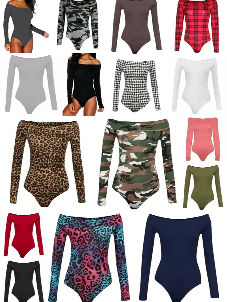 Ladies Off Shoulder Long Sleeve Plain Or Patterned Stretch Bardot Bodysuit Leotard for Women - Womenswear, Shirts UK 6-26