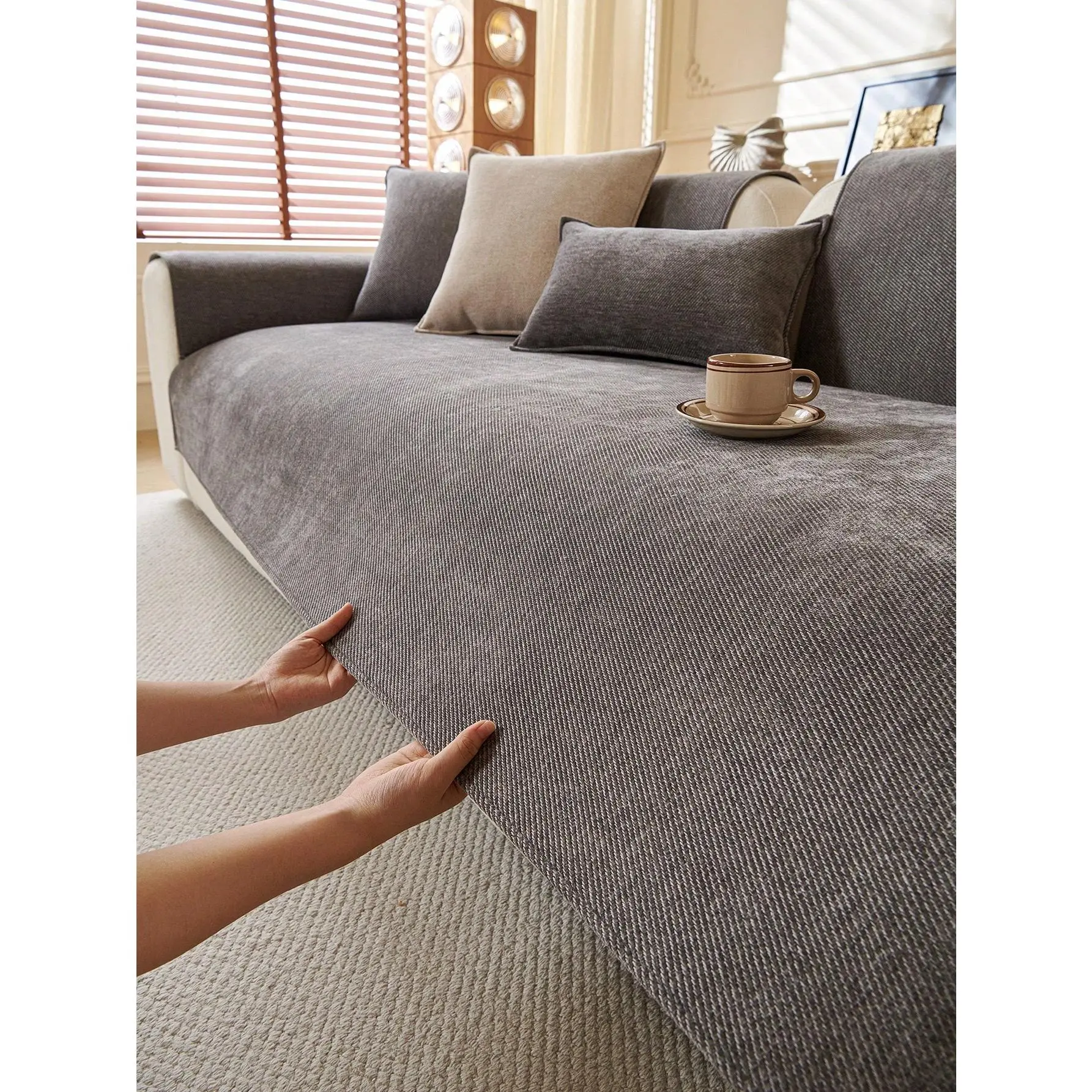 1pc Plain Chenille Sofa Cover, Simple & Elegant Style With Star Flower Pattern, Anti-Slip & Anti-Cat Scratch To Protect Sofa, Home Decor Suitable For All Seasons