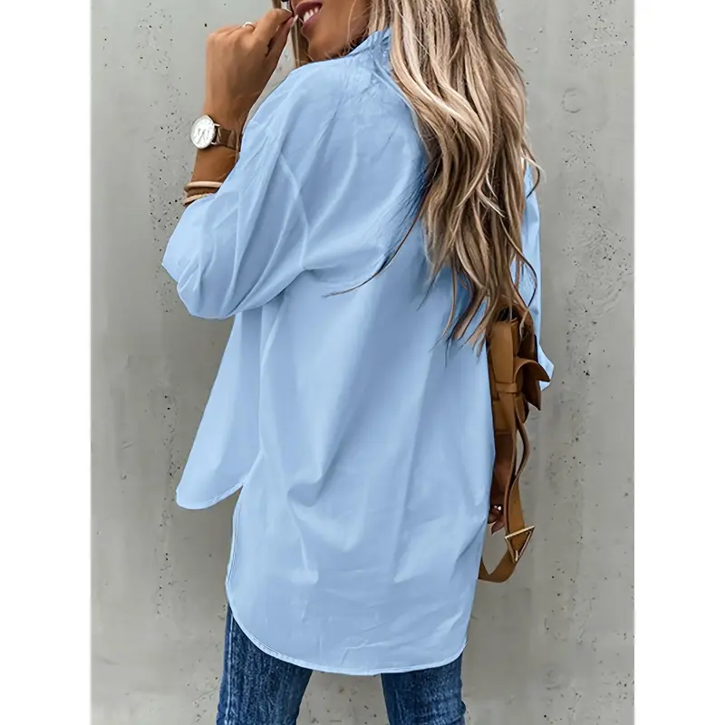 Button Front Long Sleeve Shirt, Casual Solid Office Shirt With Collar, Women's Clothing 7