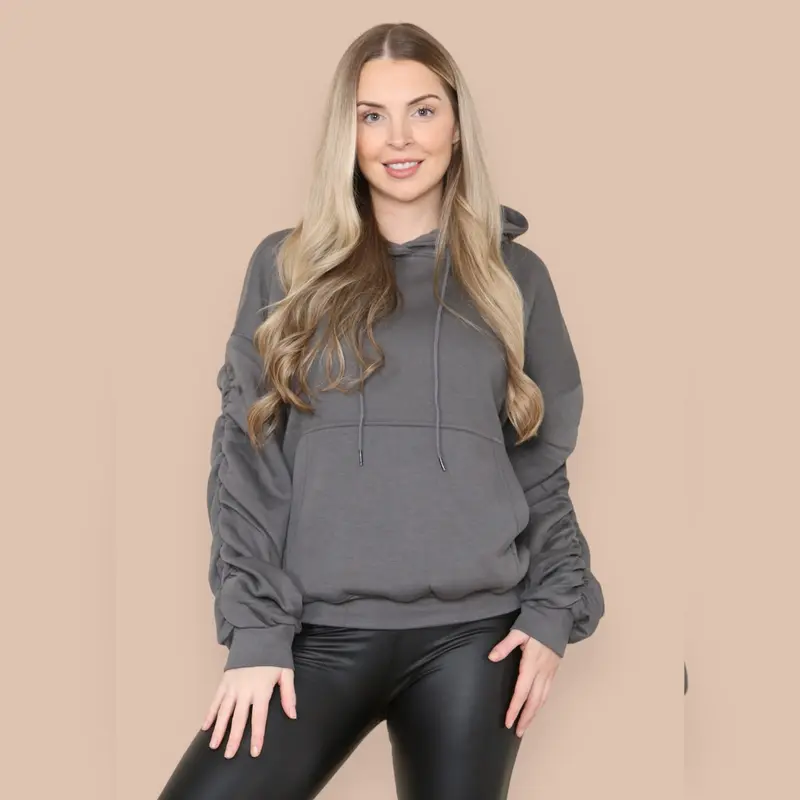 Ruched Sleeve Hooded Sweatshirt - Kora Cotton Long Sleeve Pocket Womenswear Baggy Oversize Style Sweaters Tops Underwear 2