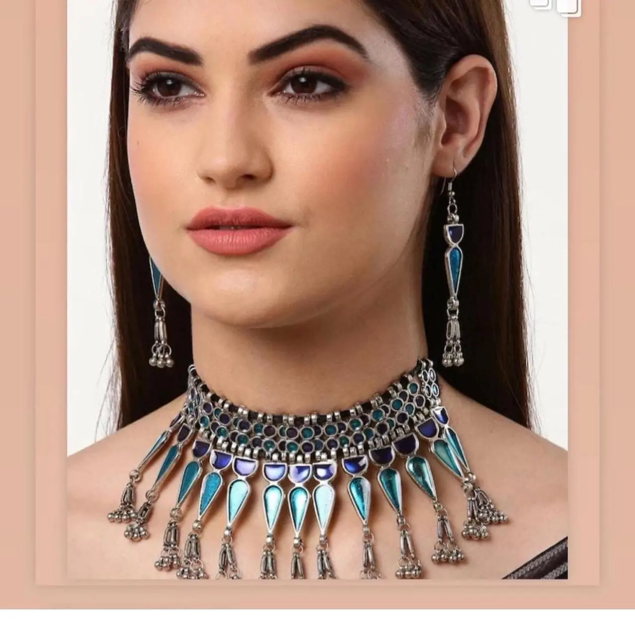 Indian Afghan Pakistani oxidised silver choker style jewellery set Necklace & earrings