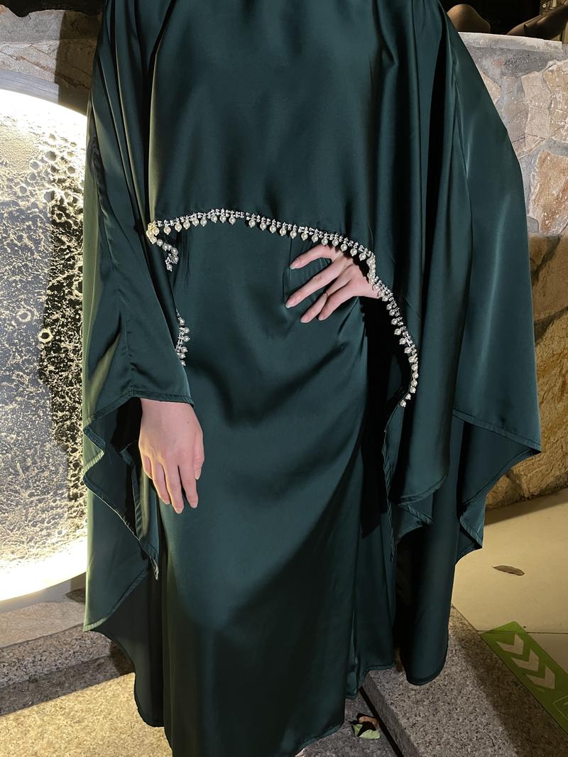 Product Introduction of 2025 Ramadan Promotion Two- piece Satin cape elegant dress , occasion abaya , Modest dress with pearl and crystal 14