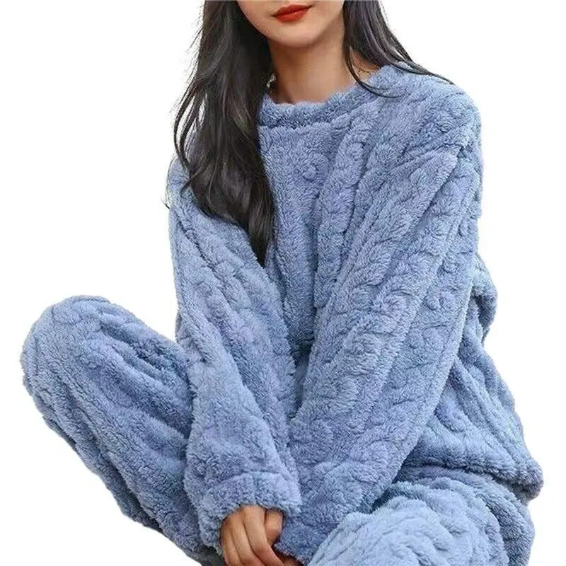 Womens Pyjamas Set Casual Flannel, Ladies Fleece Pyjama Set, Soft Warm Crew Neck Top Pants Loungewear Nightwear, Thick Housecoat