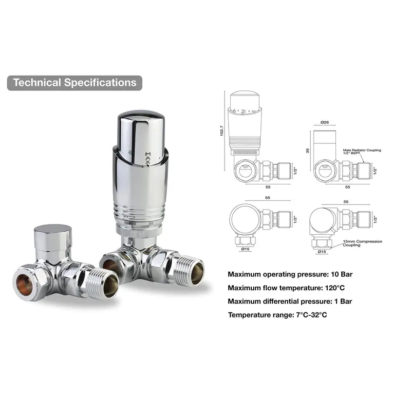 Designer Chrome Thermostatic Radiator Valve TRV Twin Pack - Corner 1