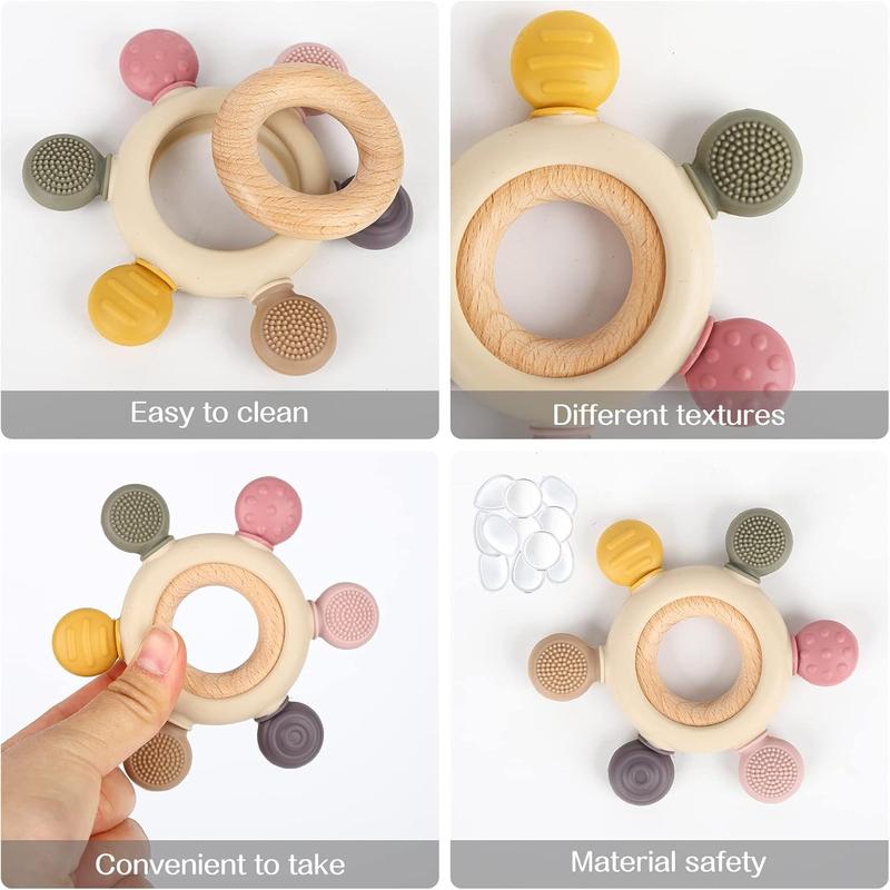 Baby Teether Silicone Teething Toys for Baby 3+ Months with Wooden Ring BPA Free Boys Girls Baby 5