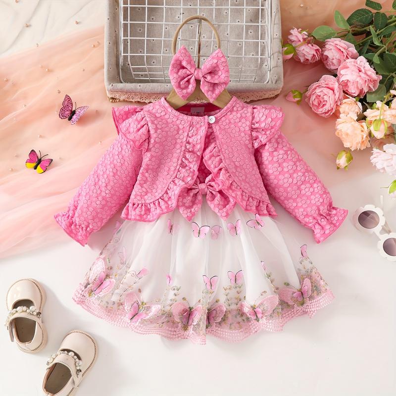 Product Introduction of 3pcs Fashion Casual Girl Butterfly Style Long Sleeve Ruffle Short Top + Sleeveless Mesh Butterfly Dress + Bow Hair Tie 2