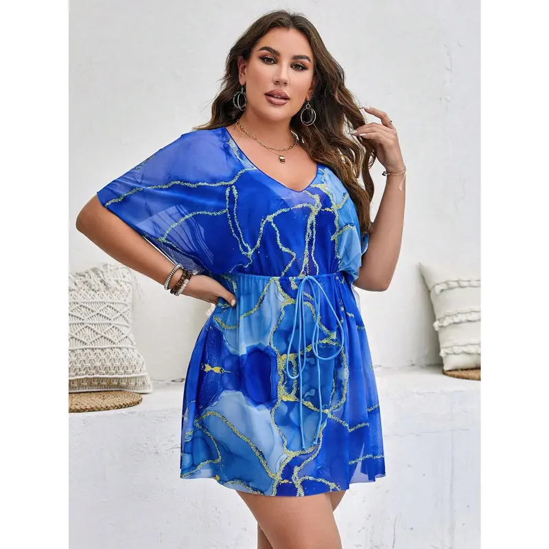 Swim Lushoire Summer Beach Plus Marble Print Batwing Sleeve Knot Front Split Hem Cover Up Dress Blue Casual 2