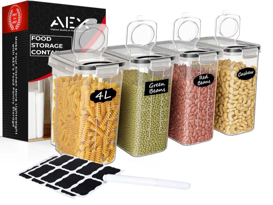Airtight Cereal Storage Containers Pantry Food Organization Dispenser Food Grade and Bpa Free Sugar, Flour, Snack, Baking Supplies, Leak-proof With Black Locking Lids | 4.4L (Pack of 4 Kitchen Utensils Food Storage