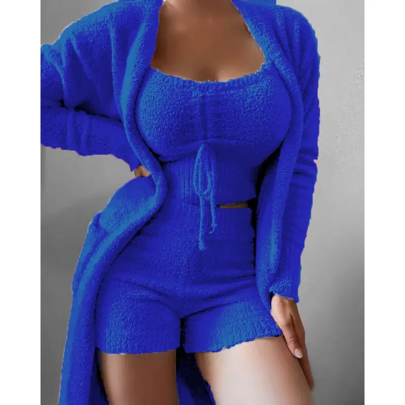2025 New Women's Clothing stuffed Three-piece Tie Pajamas Set plaid Casual Suit Home Service 2