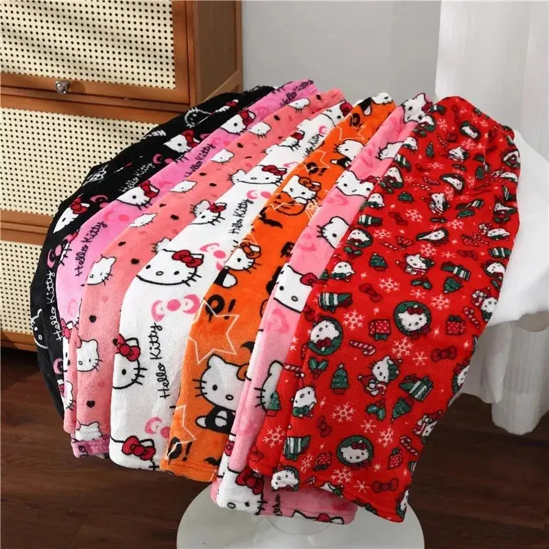 Sanrio Hello Kitty Flannel Pajamas for Women, Halloween Orange Cartoon Home Pants, Warm Woolen Casual Autumn Winter Fashion Nightwear Loungewear Comfort Fabric Comfortable Homewear Cosplay