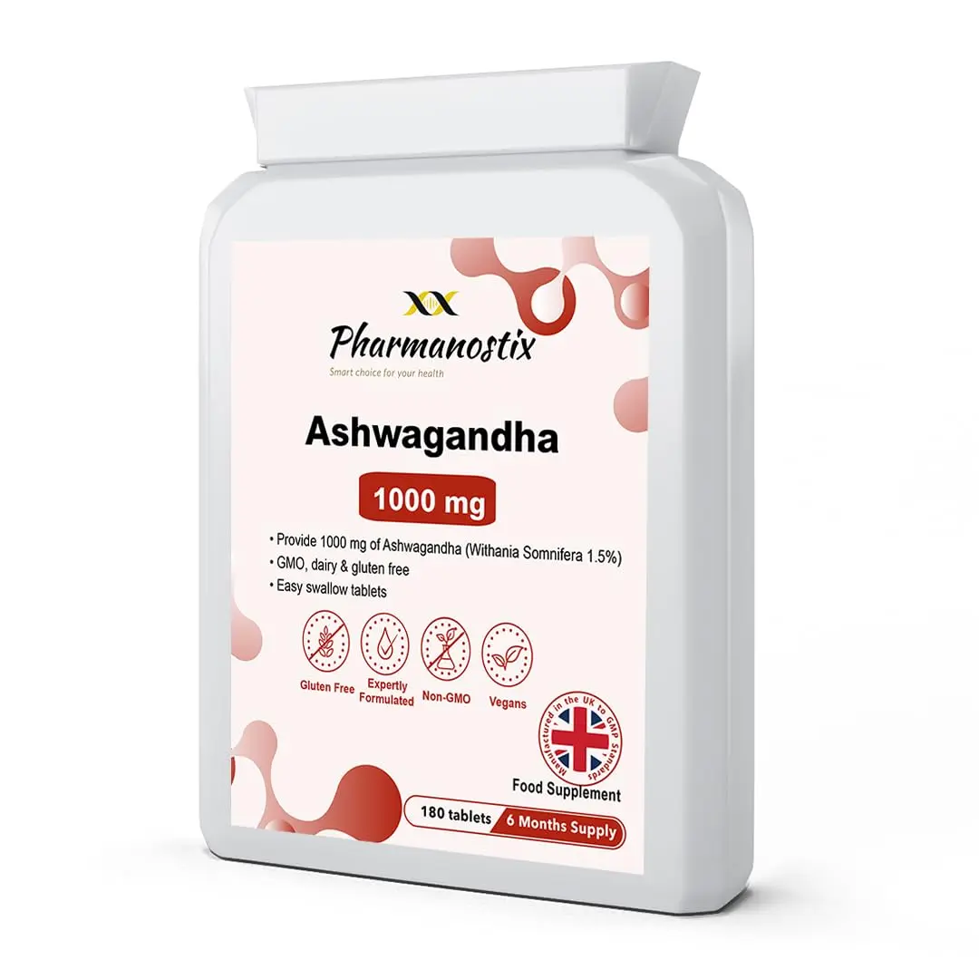 Pharmanostix Ashwagandha Tablet, 1,000mg Per Tablet with 1.5% Withanolides, 180 Vegan Tablets, Highly Bioavailable with Full Spectrum Root only Extract, A Natural Ayurveda Supplement, Made in UK