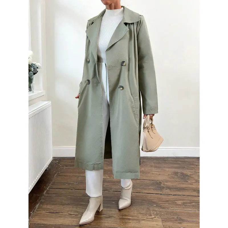 ​ Women's TopsLapel Neck Double Breasted Belted Trench Coat[S30] Womenswear Jackets Tops Outerwear Comfort Fitted Basic Green Long Sleeve Minimalist coat women springspring coats cozy coats womens coats tops for women plain simple jackets & coats princess 4