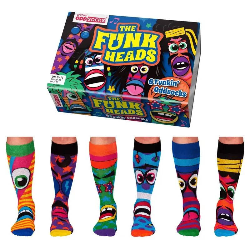 United Oddsocks The Funk Heads - Box Of 6 Colourful Mix & Mis Match Groovy Socks For Uk 6-11 | Eur 39-46 | Us 7-12. Fun And Quirky Birthday, Christmas, Father'S Day Novelty Gift For Men Menswear Soft Breathable Comfy 0