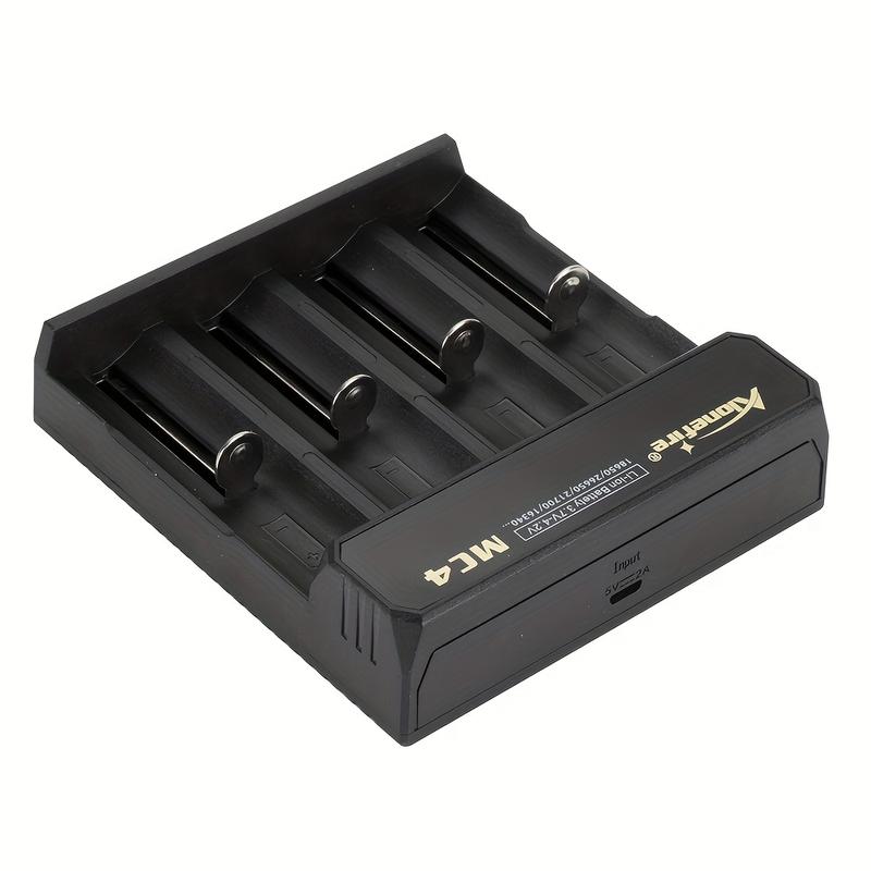 Alonefire MC4 Compact 4-Channel USB Quick Charger, 5V 2A - Matte Black, Automatic Stop for Li-ion Batteries (26650/16340/14500/21700/18650/10440) - Perfect for Flashlights, Headlamps, E-cigs with Type-C & Micro-USB Compatibility 1