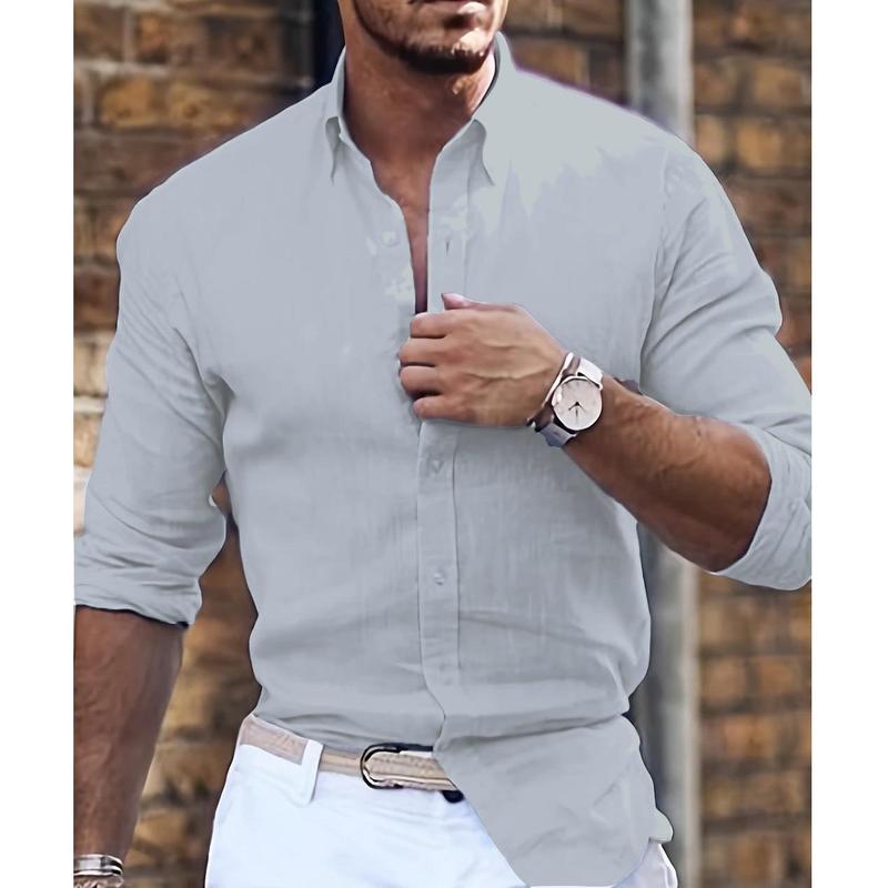 Cotton Linen Long Sleeve Shirt Solid Color Polo Collar Casual Style Shirt 7