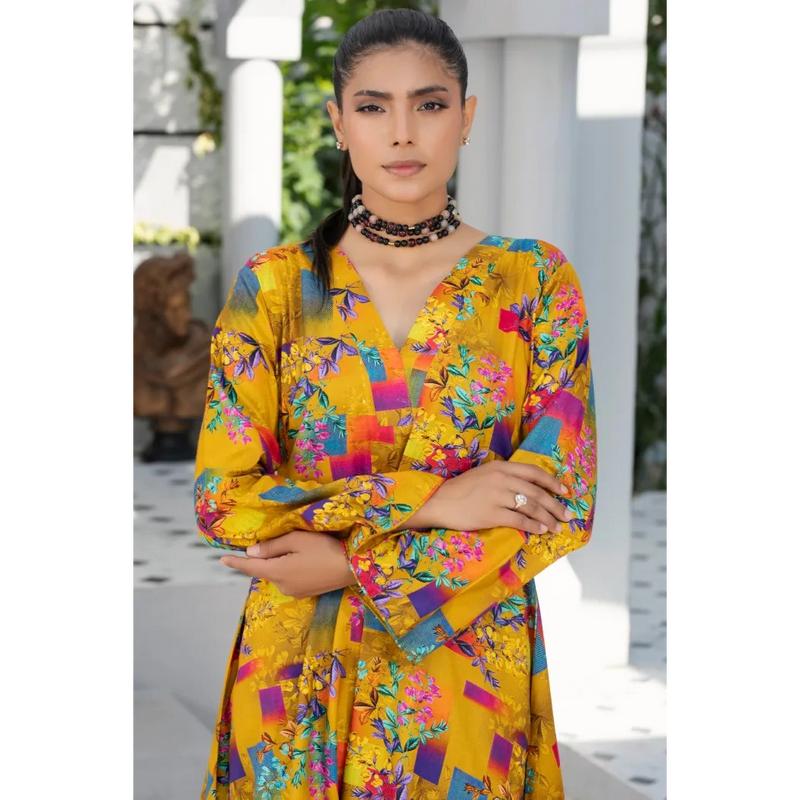 Readymade womenswear Linen Ethnic Floral Printed CO-ORDS-1452-Mustard Shirt Suit 1