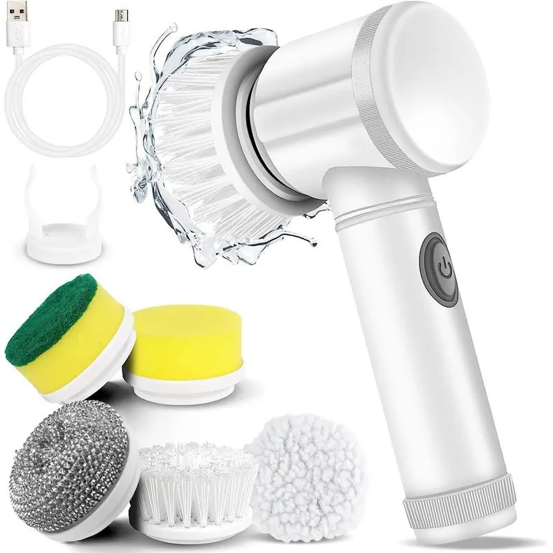 Electric Spin Scrubber, 1 Set Rechargeable Cordless Handheld Scrubber with 5 Replaceable Brush Head, Summer Household Cleaning Supplies, Kitchen Accessories