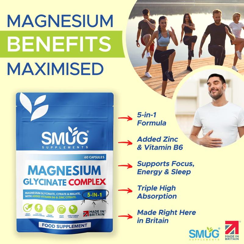 Magnesium Glycinate Complex British Made 5-in-1 by SMUG Supplements - 60 Capsules - Advanced Blend Combining Magnesium Glycinate, Citrate and Malate.  With Added Vitamin B6 and Zinc. 2